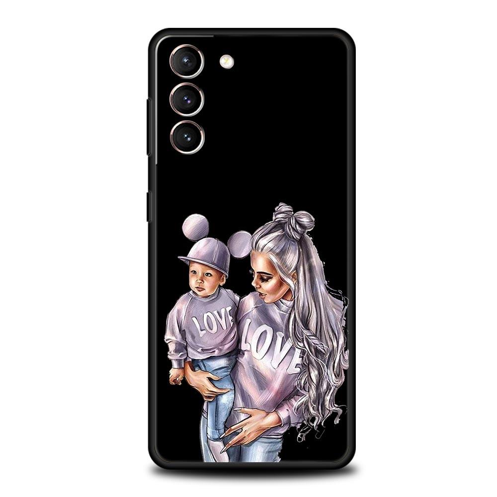 Чехол для телефона с черными каштановыми волосами для ребенка, мамы и дочки, сына для Samsung Galaxy S24 S23 S22 S20 Ultra S21 FE 5G S10 S9 Plus S10E, силиконовый чехол