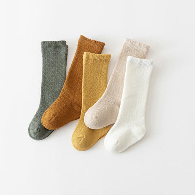 Однотонные детские носки выше колена, мягкие хлопковые носки для малышей, детские носки с ажурным узором для 0-2 лет