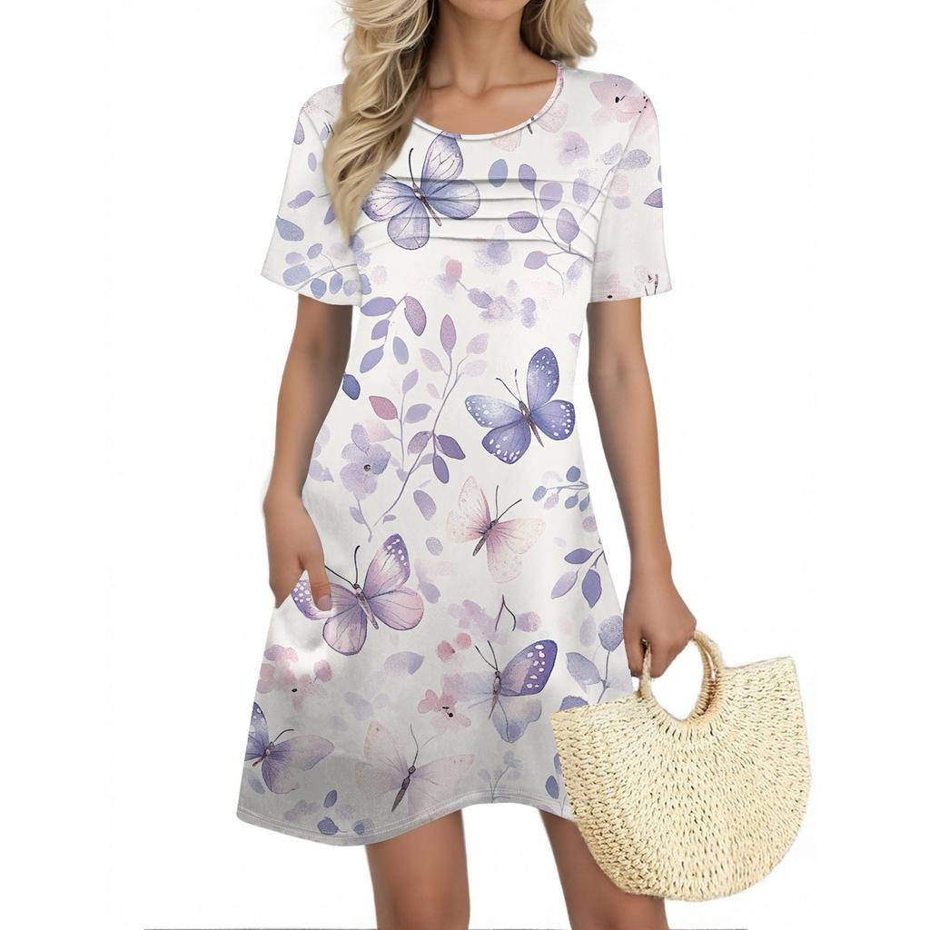 Женские летние платья Женские летние платья с цветочным принтом Повседневные платья с коротким рукавом и круглыми карманами