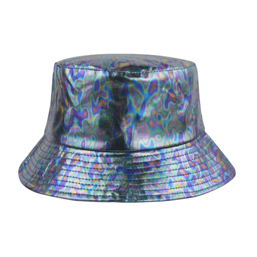 Leather Luminous Bucket Hat Wide Brim Shiny Sun Cap Unisex Laser Rainbow Fisherman Hat  Sunshade