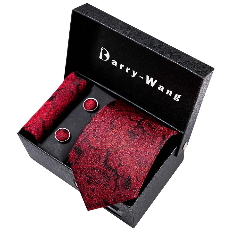 Cool Paisley Tie Hanky Cufflinks Gift Box for Men Red Black Silk Barry.Wang Set