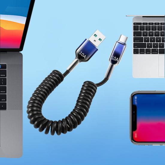 Yousheng 100cm 120W USB-C to USB-C Cable 10A Coiled Retractable Spring Car Charger Fast PD Charging Cable for Phone