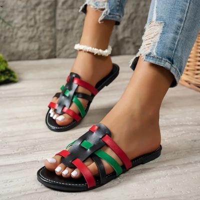 Женские тапочки 2025новые Модные в цветовом блоке из ПУ кожи Летние Распродажа Пляжные Тапочки с открытым носком Уличные Нескользящие Плоские Шлепанцы