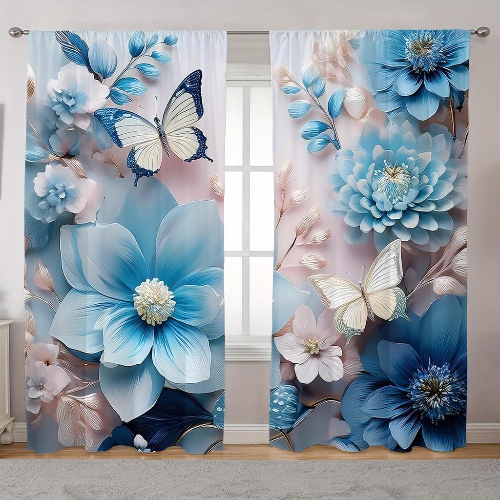 2pcs Classic Style Flower & Butterfly Print Curtains Artistic Window Drapes for Living Room Kitchen Bedroom Study Dining Room