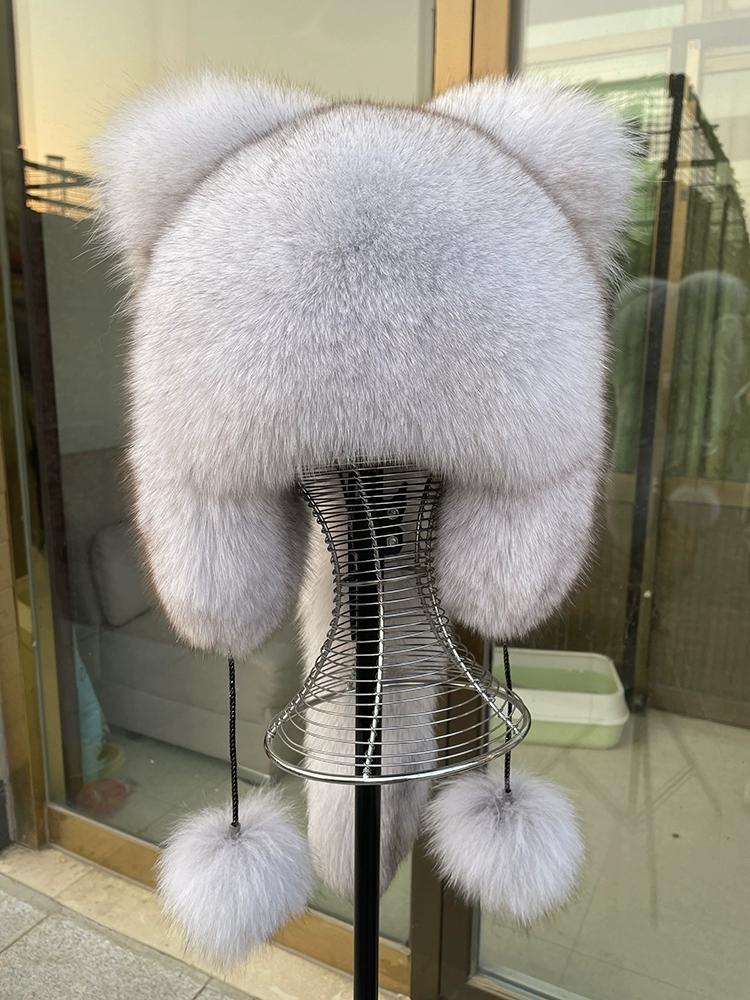 Outdoor Earflap Hat Snow Ski Cap Fleece Bomber Trapper Hat Women Ushanka Real Fox Fur Pompom Winter Russain Cossack