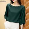 ZANZEA Women Fashion Casual O-neck 3/4 Sleeve Solid Color Satin Blouse Shirts