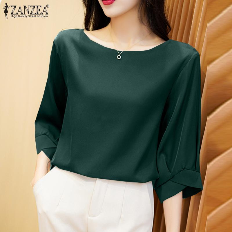 ZANZEA Women Fashion Casual O-neck 3/4 Sleeve Solid Color Satin Blouse Shirts