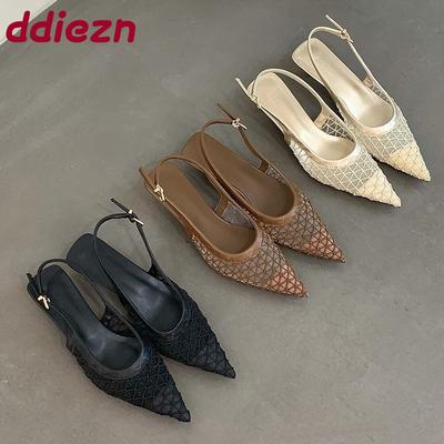 Мода Мода Острый Носок Элегантные Женские Босоножки Туфли Низкий Каблук Весна Лето Сетка Дышащие Женские Босоножки Туфли Женские Туфли-Лодочки