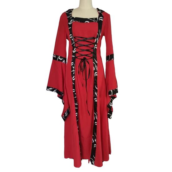Women Dress Medieval Royal Style Lace-up Hooded Bat Sleeve Maxi Dress Waist-Cinching Square Collar Stage Performance Renaissance Cosplay Costume