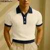 Men Lapel Short Sleeve Stitching Casual Office Rib T-shirts Tops