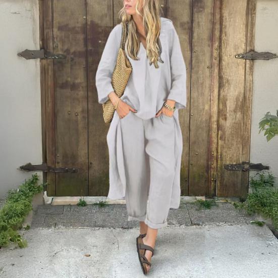 Женские комплекты из двух частей, длинный рукав, нерегулярный пуловер, топ с V-образным вырезом и широкий