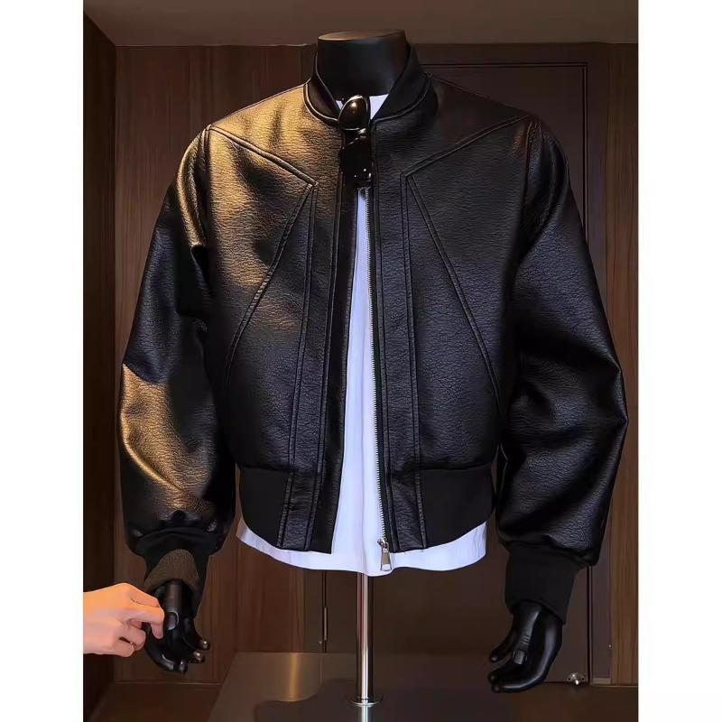 Men Cropped Patchwork Motorcycle Jacket Long Sleeve Zip Up Baseball Style