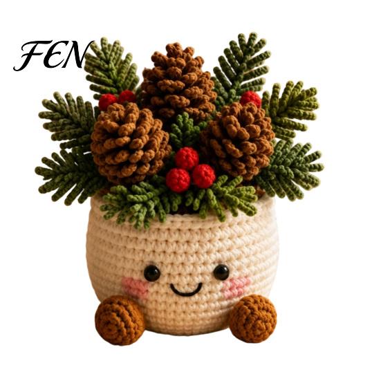 Handmade Crocheted Yarn Flowers Simulated Crochet Christmas Potted Decor, Knitted Mini Artificial Tree Flower Handcrafted Wool Pots Ornament,