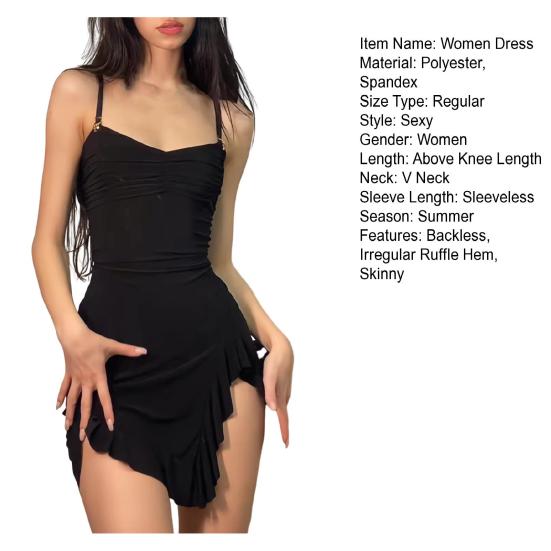 Summer Women Dress Irregular Ruffle Hem Low-cut V Neck Sleeveless Skinny Backless Spaghetti Strap Pleated High Waist Party Nightclub Dress