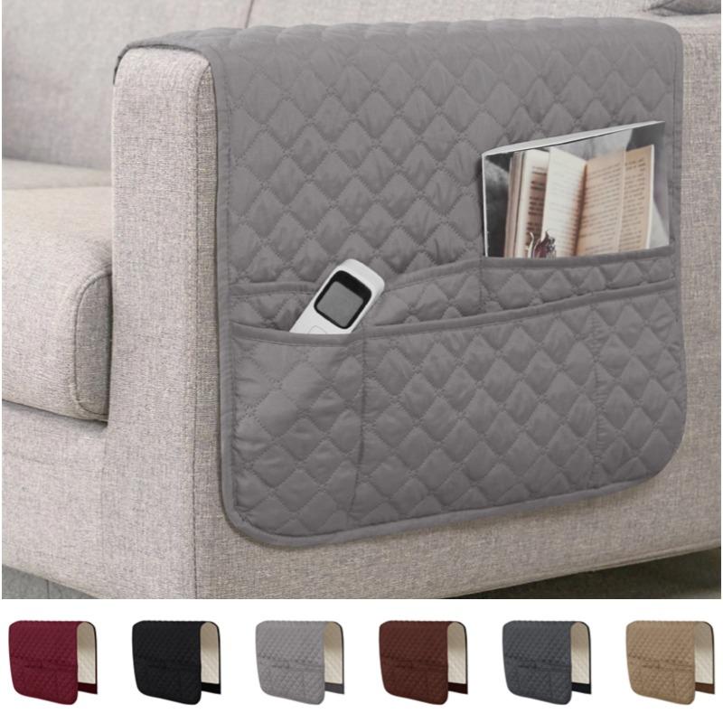 1PC Water Repellent Sofa Armrest Cover Double Pocket Sofa Side Cover Solid Color Plaid Chair Armrest Storage Bag for Living Room