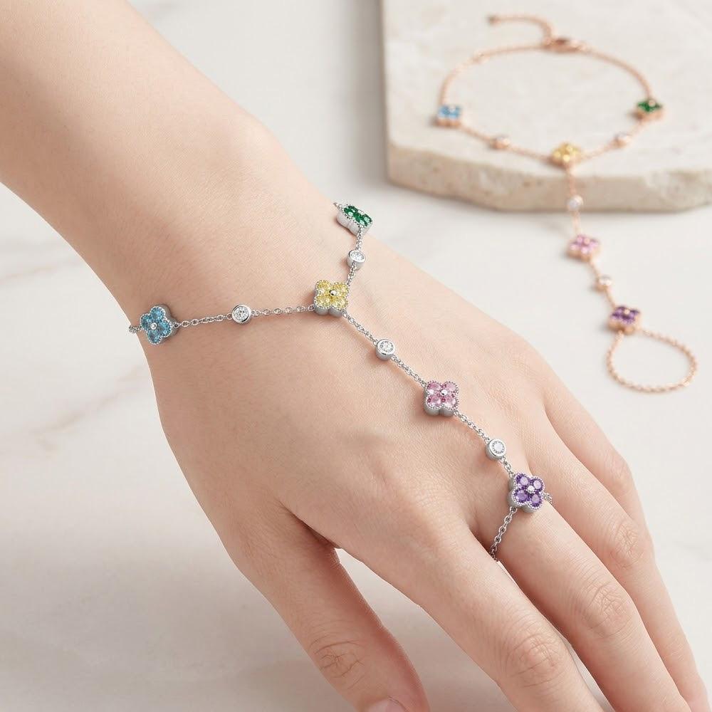 Novirassine Stainless Steel Hand Chain Slave Bracelet Colorful Zirconia Clover Finger Ring Bracelet Boho Aesthetic Party Jewelry