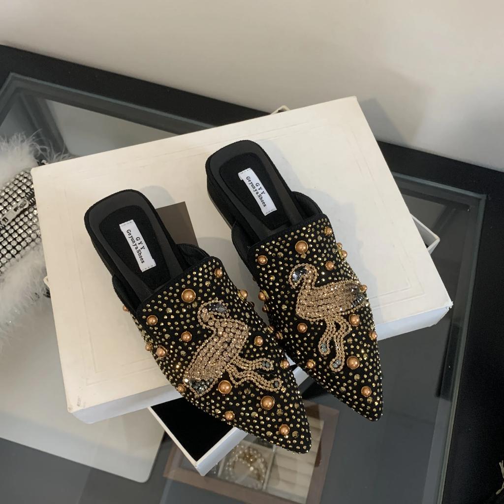 Осенние модные женские тапочки на среднем каблуке с острым носком, замшевые, со стразами, заклепками, тапочки на толстом каблуке, верхняя обувь