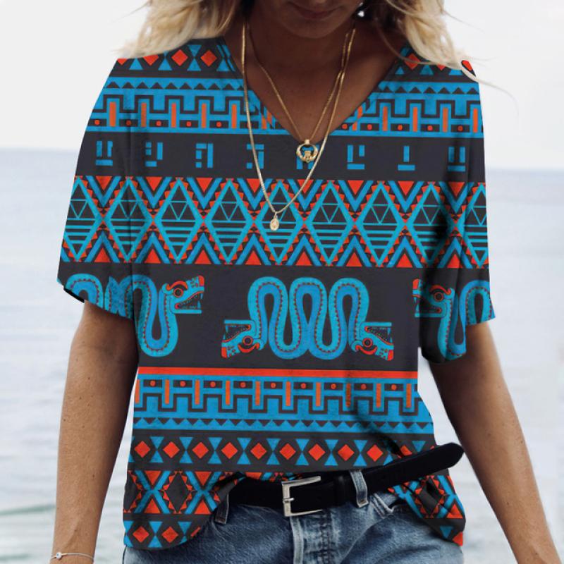 Летние женские футболки, этнический костюм, 3d рубашки, футболки, повседневная уличная одежда в стиле Харадзюку, большие топы с v-образным вырезом, винтажная женская одежда