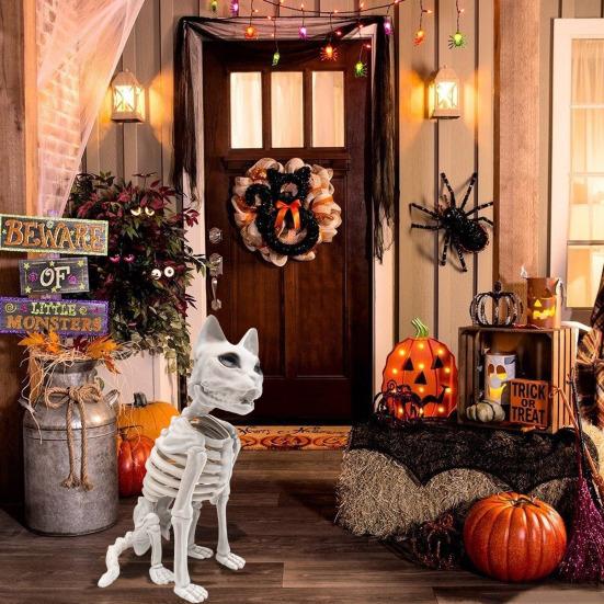 Скелет Кошки Хэллоуин Украшение Жуткая Сидящая Фигурка Скелета Кошки Пластиковые Кости Животного с Подвижными Суставами для Сцены Кладбища Дома с Привидениями