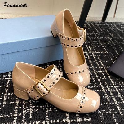 Мода Мода Патентная кожа Перфорированные Мэри Джейн Женские туфли-лодочки Весна Лето Винтаж Пряжка ремня Массивный каблук Обувь для девочек Zapatos Mujer