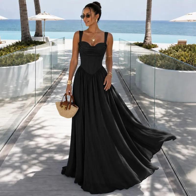 French Bustier Slip Dress Pleated Boned Waist Gown Flowy Long Maxi Vacation Party Wedding