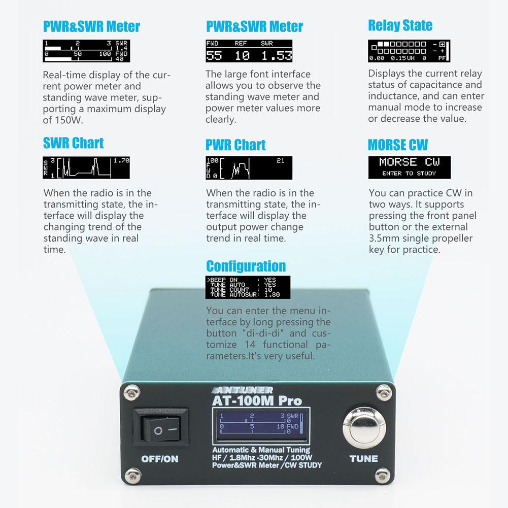 AT100M Pro антенный тюнер 1,8 МГц-30 МГц измеритель стоячей волны мини автоматический антенный тюнер поддержка тренажер азбуки Морзе для КВ радио