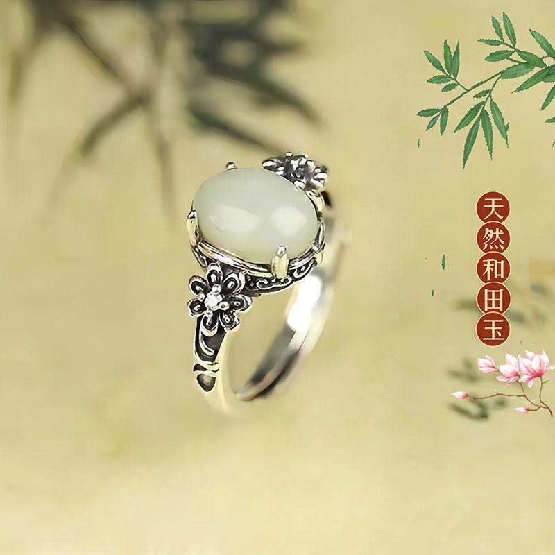 Adjustable Flower Ring Women Men Vintage Ethnic Style Red Agate Jade Oval Floral Statement