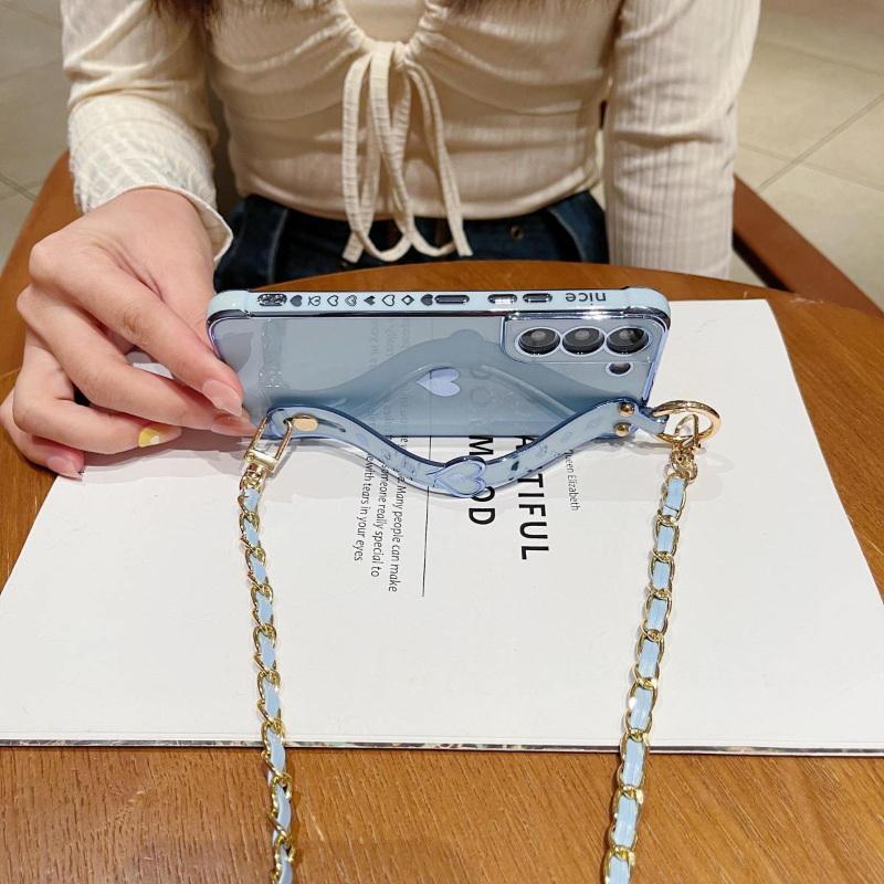 Чехол для Samsung Galaxy S23 S22 S21 Ultra S20 S21FE A14 A54 A13 A53 A23 A52, гальваническая цепочка через плечо, ремешок Love, силиконовый мягкий чехол