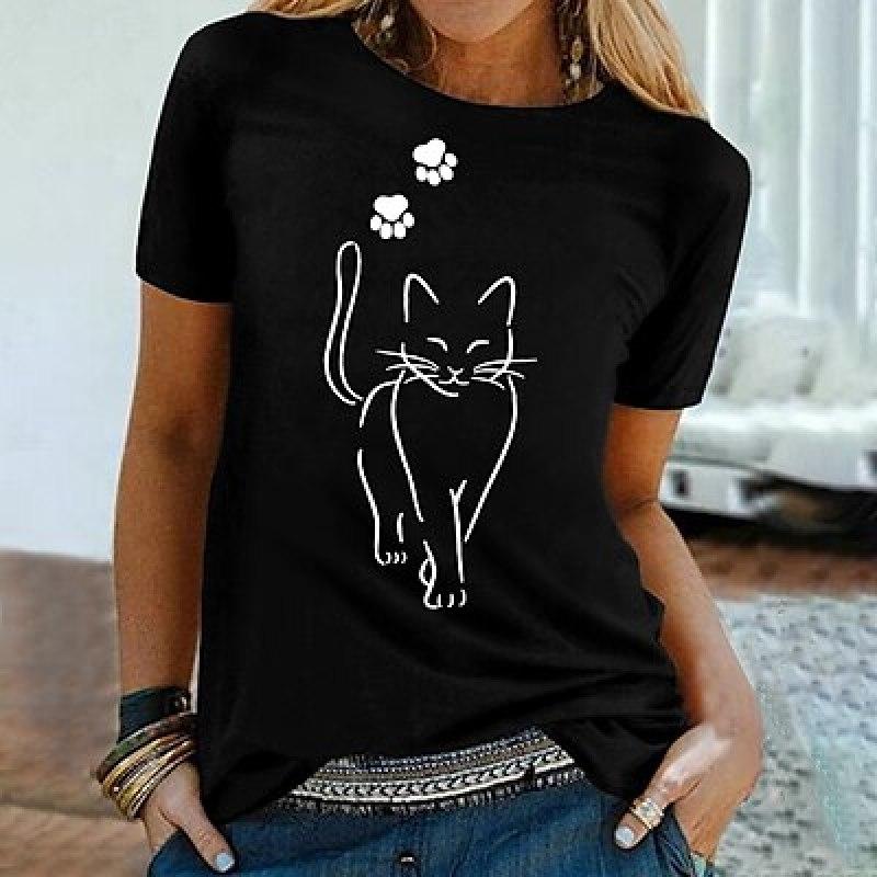 Women's T-shirt T-shirt Black and White Yellow Cat Print Short Sleeved Casual Weekend Basic Round Neck Regular Fit Cat Painting