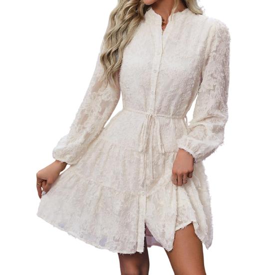 Fall Spring Women Dress Round Neck Lace Applique Long Sleeves Button-down Lace-up Strap Slim Waist A-line Big Hem Dating Party Midi Dress