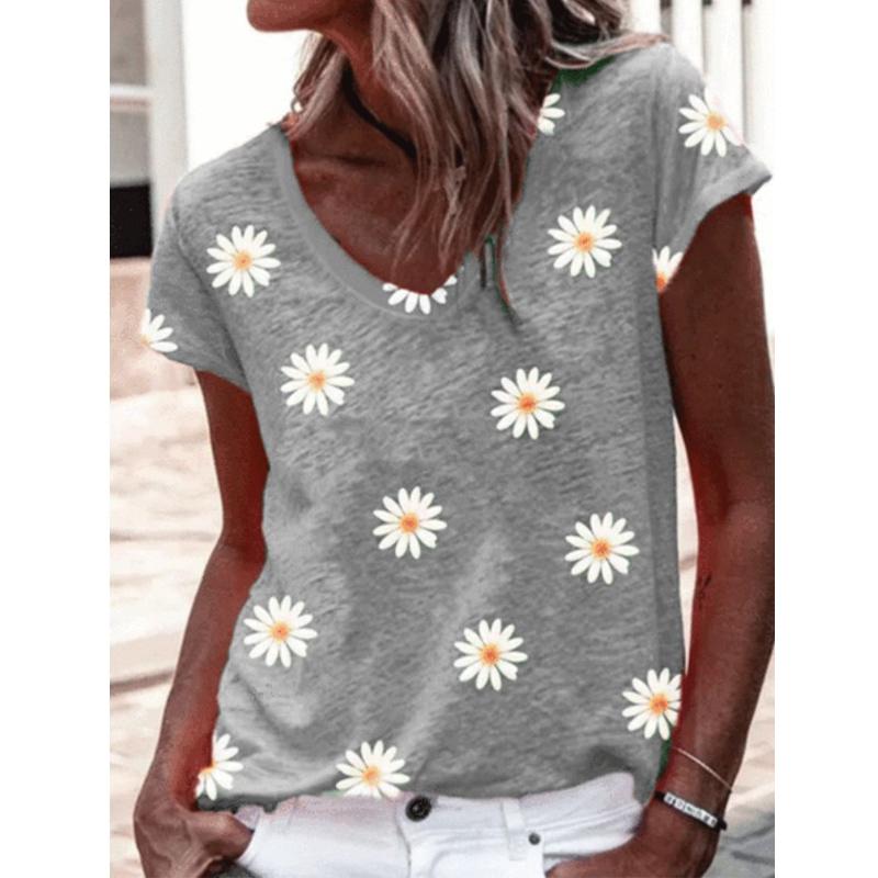 Fashion Spring Flower Print Blouses Short Sleeved V-Neck T Shirts Casual