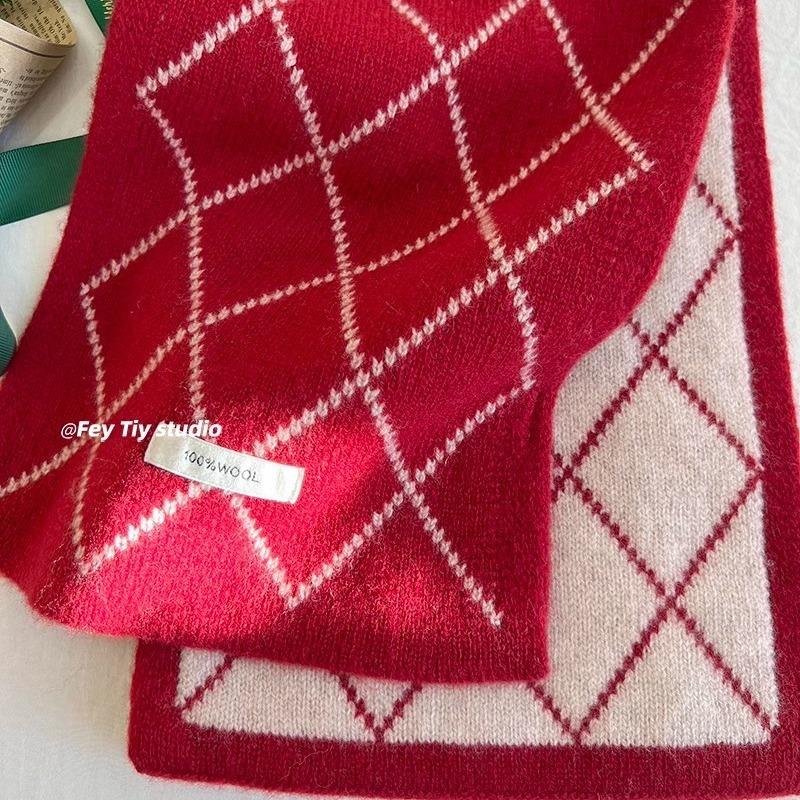 Wool 100ool Double-sided Scarf Rhombus Plaid Scarf Winter Warm Couple