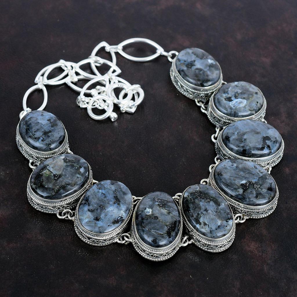 Ожерелье из ларвикита, ожерелье из стерлингового серебра 925 пробы, регулируемое ожерелье из цепочки, винтажные ювелирные изделия из драгоценных камней, приличное ожерелье ручной работы, подарок на годовщину