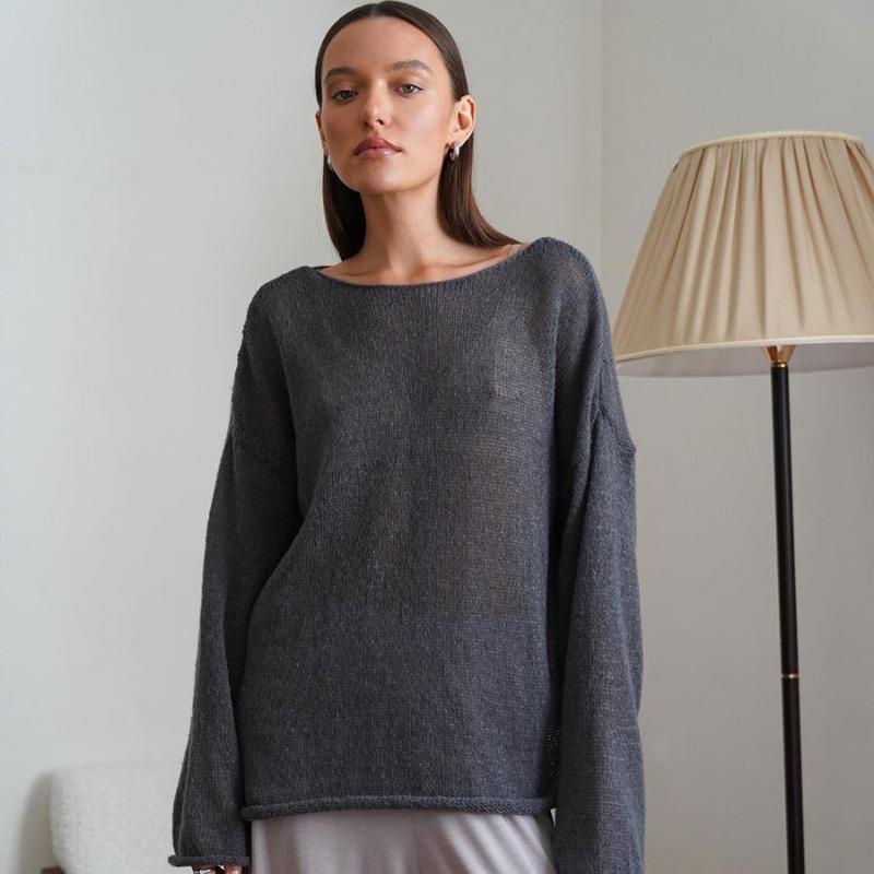 Fashion Hollow Loose Knitted Pullovers T-shirt Women Tops Spring Round Neck Flare Sleeve Women T Shirts Casual Autumn Thin Perspective Sexy Tee 25946