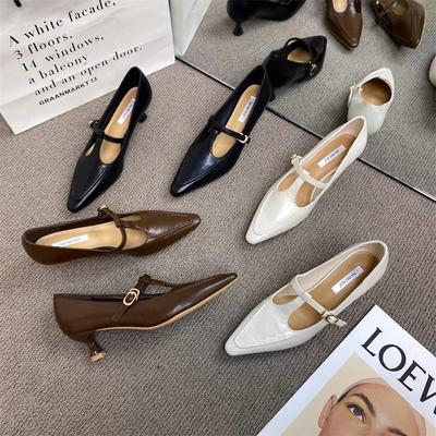 2025 весна новая одиночная обувь женская черная полая с острым носком тонкий каблук с неглубоким вырезом туфли Мэри Джейн нишевые белые туфли на высоком каблуке женские