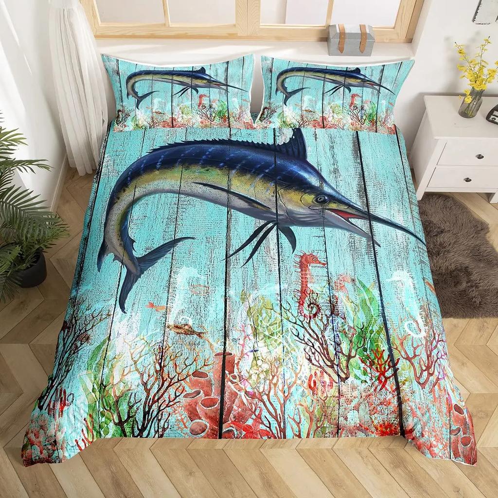 Marlin Swordfish Duvet Cover Set Hunting Fishing Bedding Set Tie Dye Sea Fishing Boat Marine Life Nautical Comforter Cover Queen