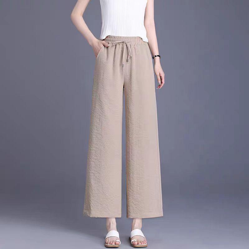 Широкие брюки из ледяного шелка, женские летние свободные драпированные повседневные брюки прямого кроя с высокой талией, девятиточечные брюки