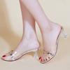 New Summer Cool Slippers Female Rhinestone Princess Wind One-word Drag Transparent Thick Heel Trend