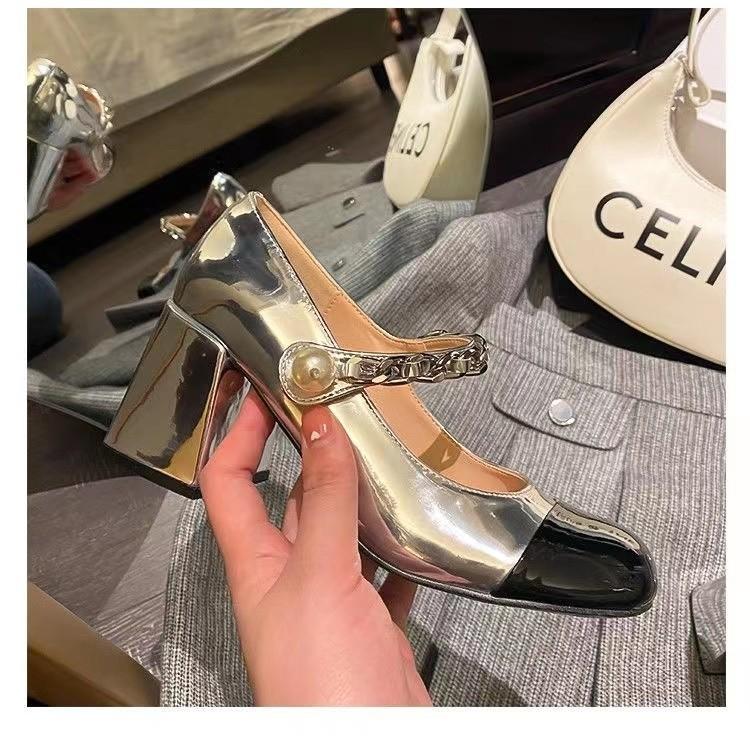 2024 summer new round head Mary Jane thick heel single shoes women's fashion temperament versatile bag head with pearl color matching