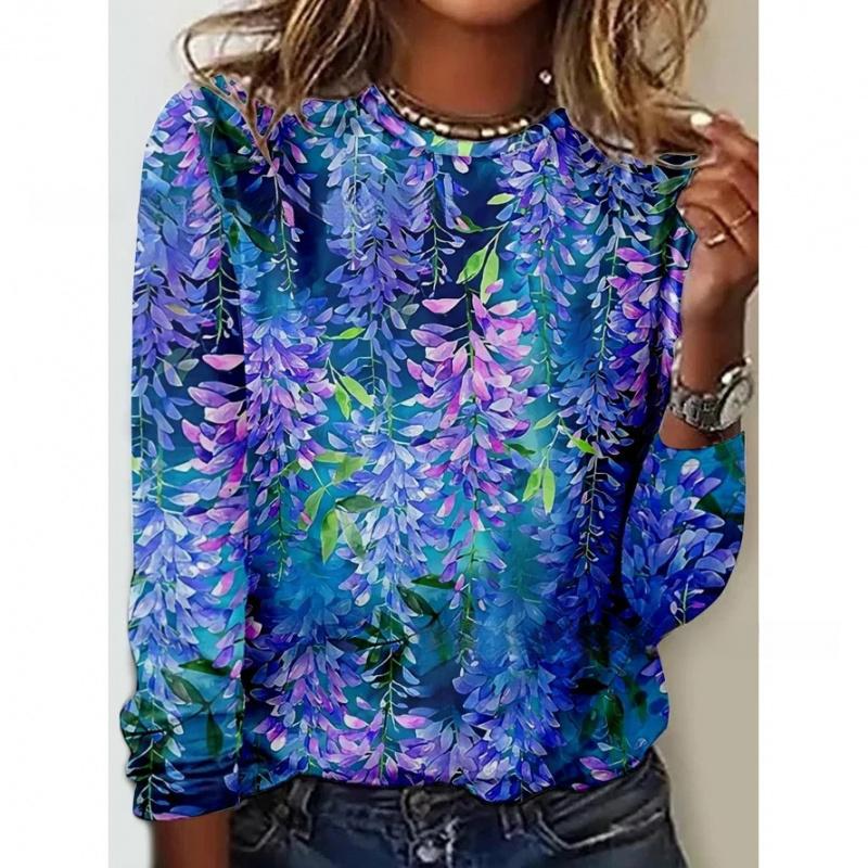 Популярный стиль Футболка с длинным рукавом с принтом Цветочный принт Женская одежда