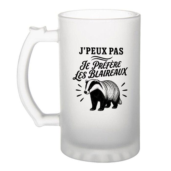 Verre à Bière J’peux pas je préfère les Blaireaux J'peux pas minimaliste | Chope Givrée en Verre Trempé 470 ml à Anse Recto Verso