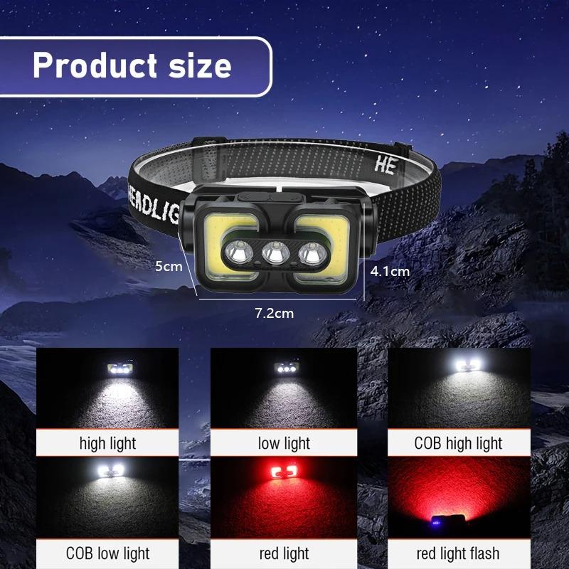 Светодиодный налобный фонарь с датчиком движения XPE+COB+LED, 6 режимов, перезаряжаемый от Type-C, налобный фонарь для ночной рыбалки, фонарь для кемпинга и походов на открытом воздухе