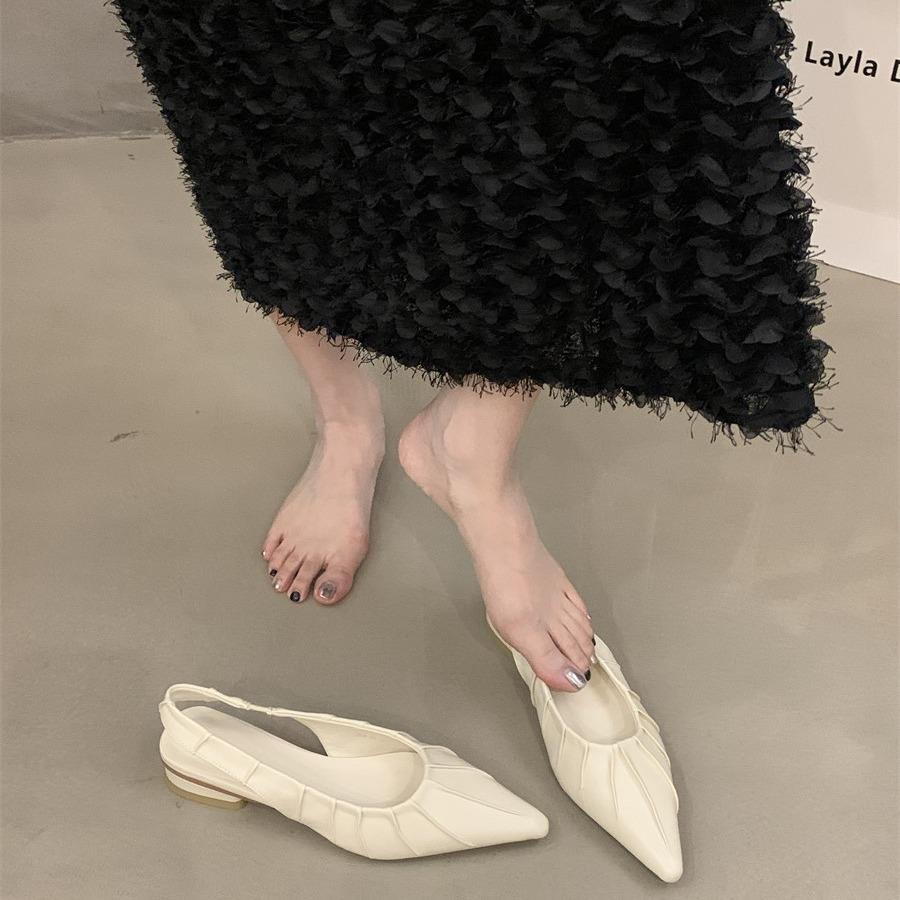 Spring and summer 2024 new thick heel bag head sandals shallow mouth women's shoes rear empty French with skirt temperament pointed single shoes