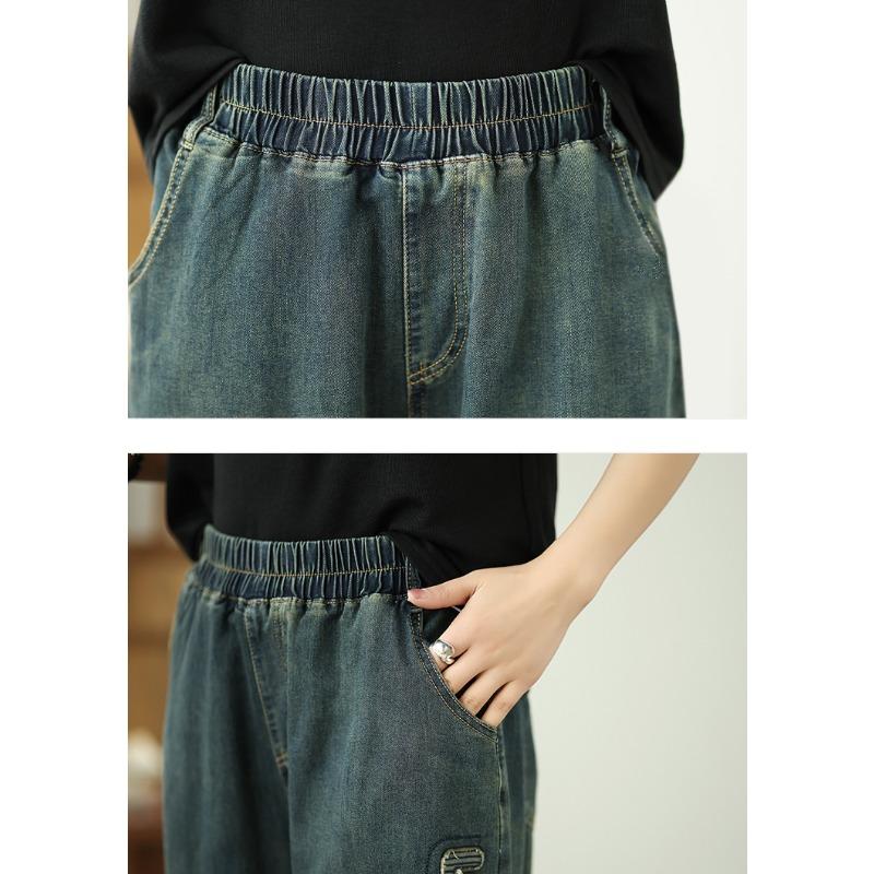 Dimanaf 2025 Летние джинсы больших размеров для женщин, эластичные базовые длинные брюки, джинсовые свободные шаровары, повседневные синие брюки