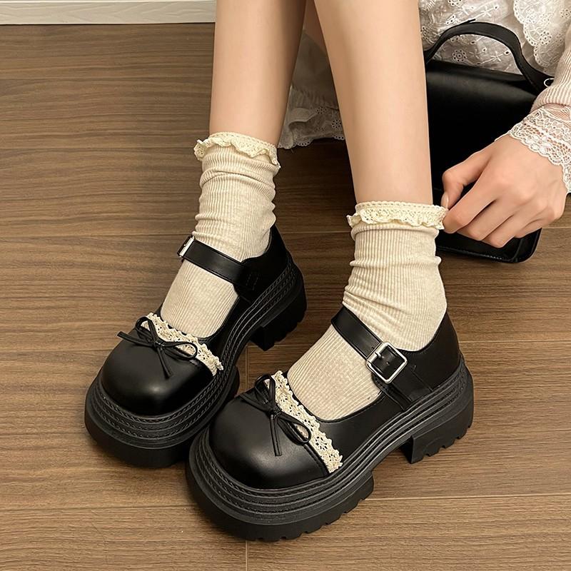 Туфли в стиле колледжа на черной платформе, маленькие кожаные, женские, лето 2025, новые, японские, с юбкой, с бантом, туфли Мэри Джейн