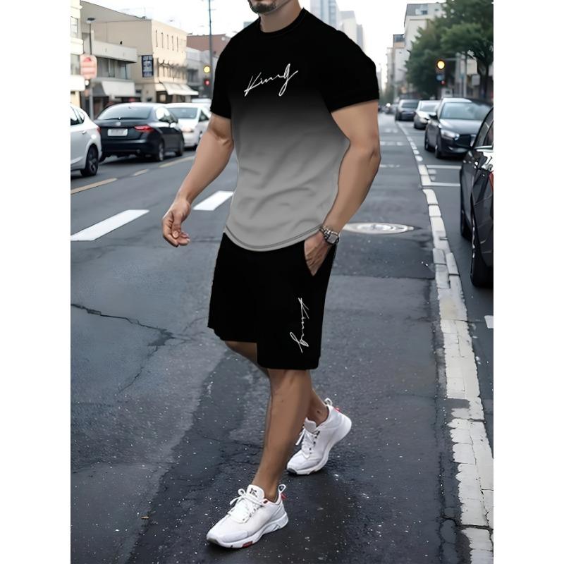 Men's Outfit, Gradient Color King Graphic Print Casual Crew Neck Short Sleeve T-Shirt & Shorts 2-piece Set For Summer Outdoor Activities