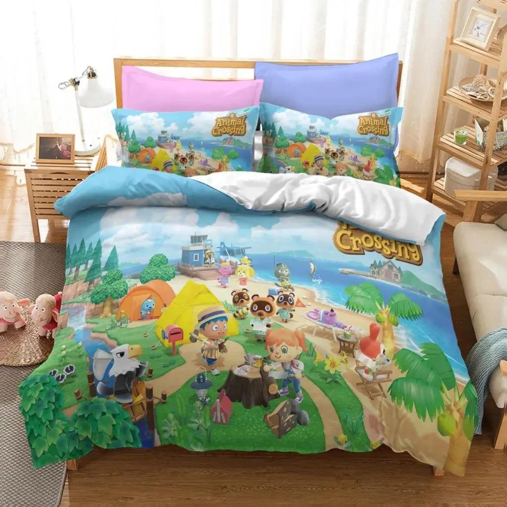 Комплект постельного белья Cartoon Animal Crossing для мальчиков и девочек, двуспальный размер, пододеяльник, наволочка, детская кровать, взрослая мода, домашний текстиль
