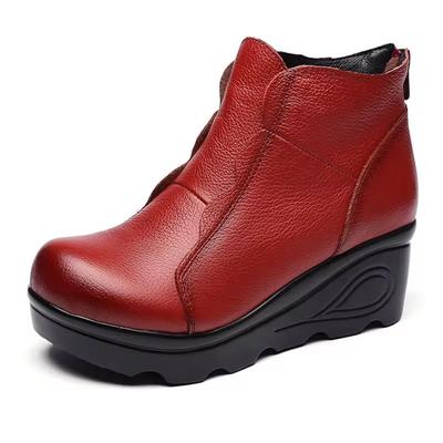 Высококачественные красные женские сапоги, модные, с толстой подошвой, на танкетке, на высоком каблуке, из коровьей кожи, для мам, зимние, удобные, теплые, женские сапоги