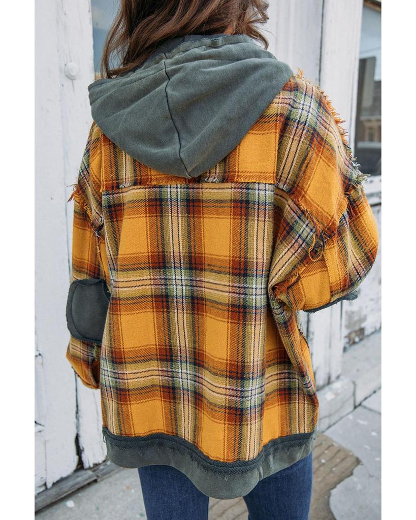 Azura Exchange Plaid Patch Hooded Frayed Snap Button Jacket