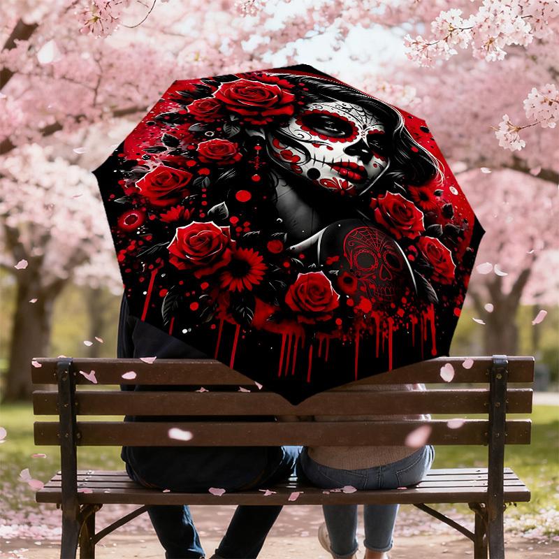 1PC Day of the Dead, Sugar Skull Umbrella-8-Rib Reinforced, Automatic Open, Lightweight & Durable, Fashion Accessory for Outdoor, H0380